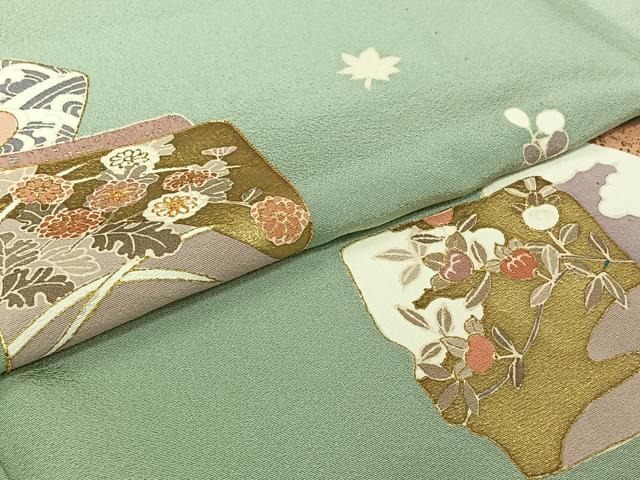 平和屋着物▽訪問着　単衣　駒刺繍　色紙花文　金銀彩　正絹　逸品　AABJ6032jh