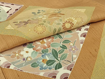 平和屋着物▽訪問着　単衣　紬地　友禅　吉祥花文　金彩　正絹　逸品　AABJ6034jh