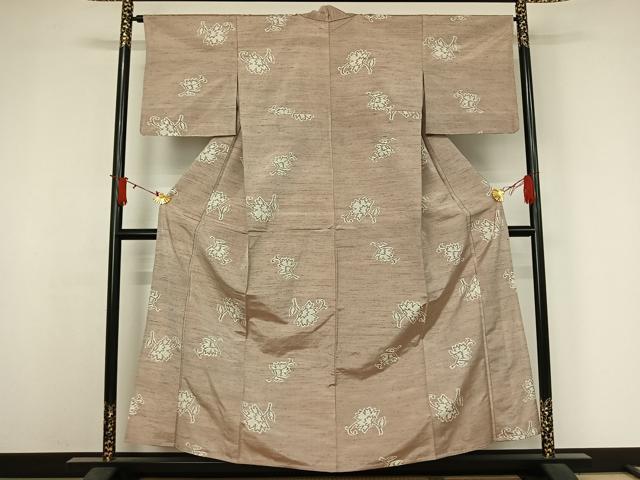 平和屋着物▽上質な紬　単衣　花唐草文　正絹　逸品　AABJ6035jh