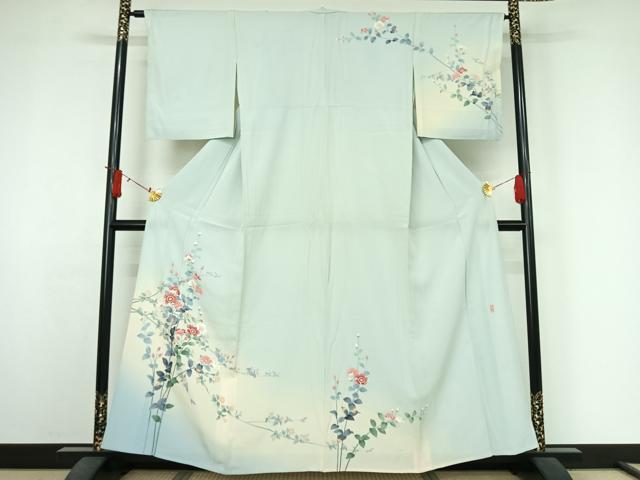 平和屋着物▽十日町友禅　女流作家　遠田藤舟　訪問着　単衣　草花文　暈し染め　正絹　逸品　AABJ6038jh