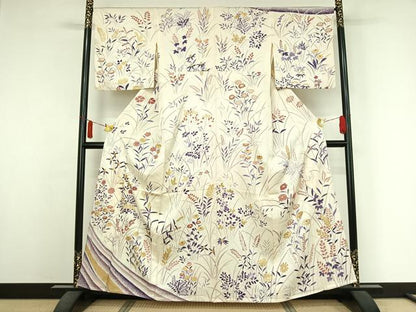 平和屋着物▽訪問着　単衣　草花文　金彩　正絹　逸品　AABJ6040jh