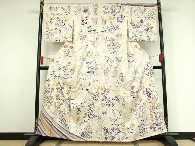 平和屋着物▽訪問着　単衣　草花文　金彩　正絹　逸品　AABJ6040jh