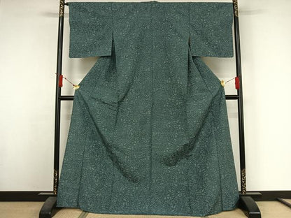 平和屋着物▽上質な紬　単衣　草葉文　正絹　逸品　AABJ6043jh