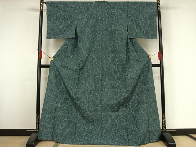平和屋着物▽上質な紬　単衣　草葉文　正絹　逸品　AABJ6043jh