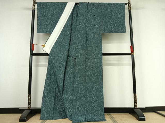 平和屋着物▽上質な紬　単衣　草葉文　正絹　逸品　AABJ6043jh