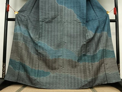 平和屋着物▽訪問着　単衣　紬地　雲重ね文　正絹　逸品　AABJ6044jh