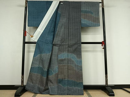平和屋着物▽訪問着　単衣　紬地　雲重ね文　正絹　逸品　AABJ6044jh