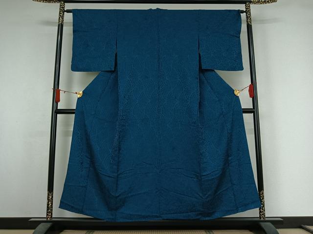 平和屋着物▽上質な色無地　単衣　石畳地紋　納戸色　正絹　逸品　AABJ6047jh