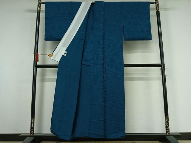 平和屋着物▽上質な色無地　単衣　石畳地紋　納戸色　正絹　逸品　AABJ6047jh