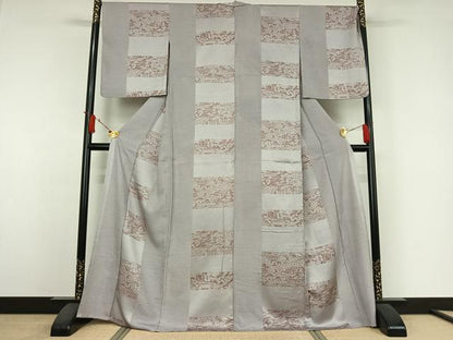 平和屋着物▽上質な小紋　単衣　人物風景文　お召縮緬　正絹　逸品　AABJ6048jh