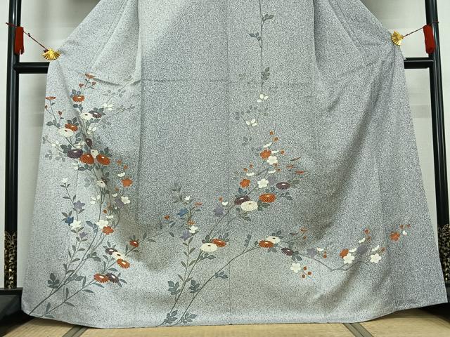 平和屋着物▽訪問着　単衣　草花文　銀彩　大丸扱い　正絹　逸品　AABJ6052jh