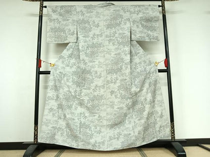 平和屋着物▽上質な紬　単衣　流水花車文　正絹　逸品　AABJ6060jh