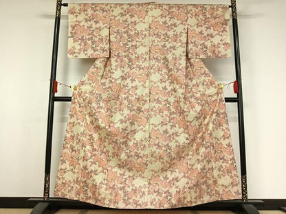平和屋着物▽上質な紬　単衣　枝葉文　正絹　逸品　AABJ6061jh