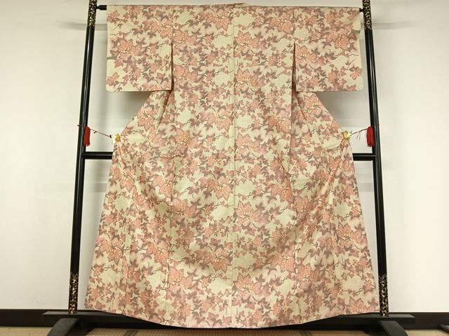 平和屋着物▽上質な紬　単衣　枝葉文　正絹　逸品　AABJ6061jh