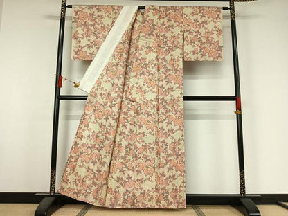 平和屋着物▽上質な紬　単衣　枝葉文　正絹　逸品　AABJ6061jh