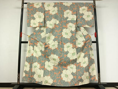 平和屋着物▽小千谷紬　単衣　草花文　正絹　逸品　AABJ6063jh