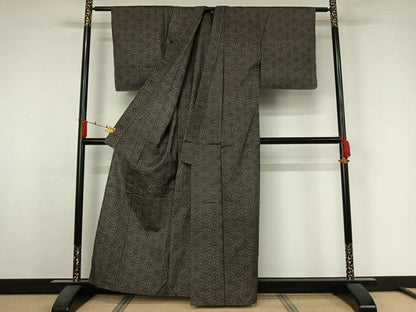 平和屋着物▽上質な紬 　単衣　麻の葉文様 　正絹　逸品　未使用　AABJ6064jh