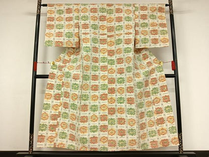 平和屋着物▽小千谷紬　単衣　格子花文　正絹　逸品　AABJ6065jh