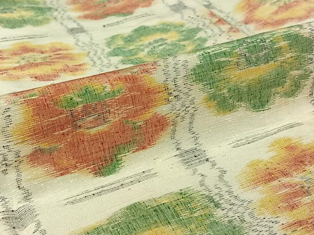 平和屋着物▽小千谷紬　単衣　格子花文　正絹　逸品　AABJ6065jh
