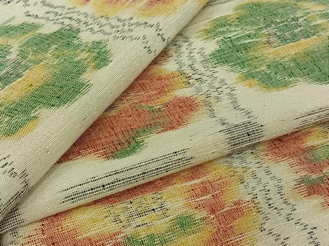平和屋着物▽小千谷紬　単衣　格子花文　正絹　逸品　AABJ6065jh
