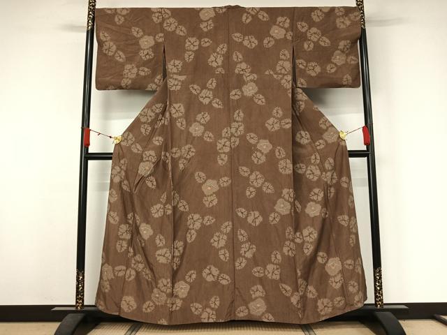 平和屋着物▽上質な紬　単衣　絞り　草花文　正絹　逸品　AABJ6067jh