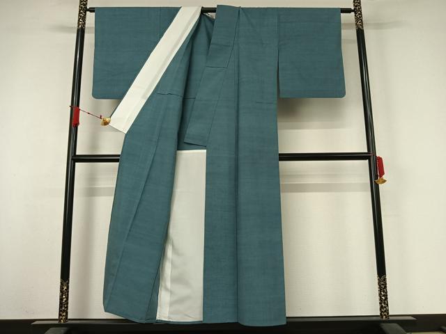 平和屋着物▽結城紬　単衣　錆浅葱色　正絹　逸品　AABJ6078jh