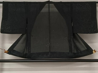 平和屋着物▽羽織　スリーシーズン　春夏秋　塵除け　草葉文　黒地　正絹　逸品　AABJ6079jh