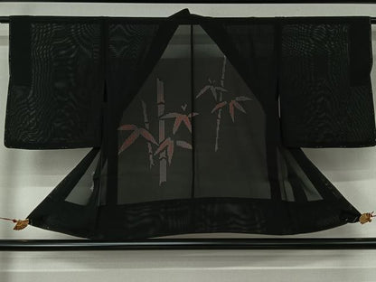 平和屋着物▽羽織　スリーシーズン　春夏秋　塵除け　笹竹文　黒地　正絹　逸品　未使用　AABJ6084jh