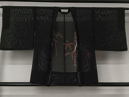 平和屋着物▽羽織　スリーシーズン　春夏秋　塵除け　笹竹文　黒地　正絹　逸品　未使用　AABJ6084jh