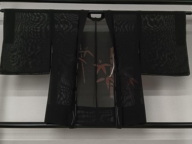 平和屋着物▽羽織　スリーシーズン　春夏秋　塵除け　笹竹文　黒地　正絹　逸品　未使用　AABJ6084jh