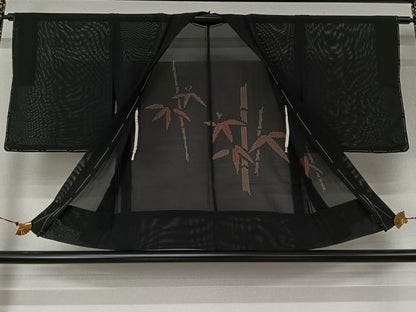 平和屋着物▽羽織　スリーシーズン　春夏秋　塵除け　笹竹文　黒地　正絹　逸品　未使用　AABJ6084jh