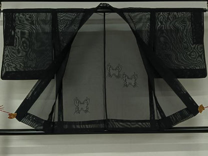 平和屋着物▽羽織　スリーシーズン　春夏秋　塵除け　舞蝶文　黒地　正絹　逸品　AABJ6087jh