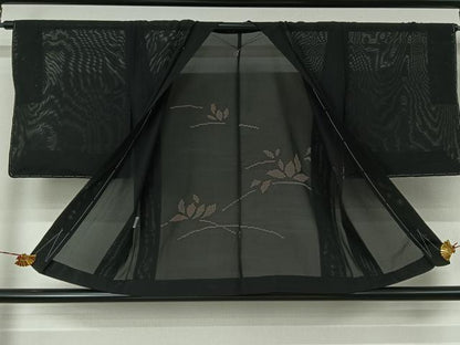 平和屋着物▽羽織　スリーシーズン　春夏秋　塵除け　芝葉文　黒地　正絹　逸品　AABJ6091jh