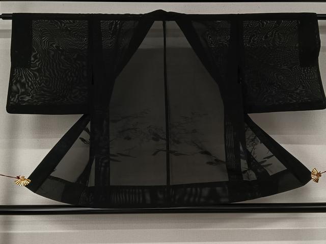 平和屋着物▽羽織　スリーシーズン　春夏秋　塵除け　枝葉文　黒地　正絹　逸品　AABJ6092jh