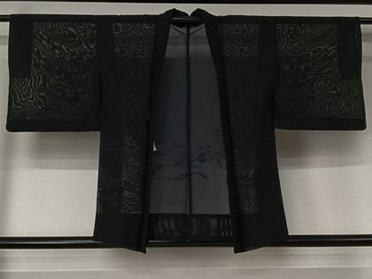 平和屋着物▽羽織　スリーシーズン　春夏秋　塵除け　枝葉文　黒地　正絹　逸品　AABJ6092jh