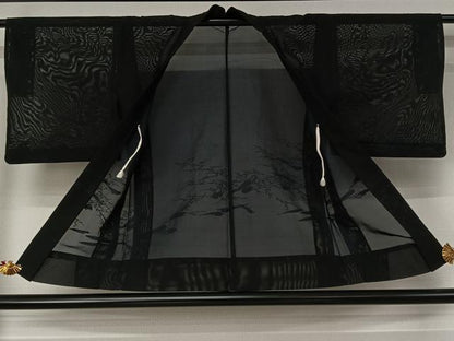 平和屋着物▽羽織　スリーシーズン　春夏秋　塵除け　枝葉文　黒地　正絹　逸品　AABJ6092jh