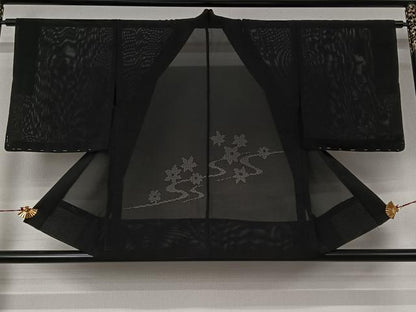 平和屋着物▽羽織　スリーシーズン　春夏秋　塵除け　流水花文　黒地　正絹　逸品　未使用　AABJ6093jh