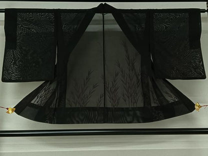 平和屋着物▽羽織　スリーシーズン　春夏秋　塵除け　草葉文　黒地　正絹　逸品　AABJ6095jh