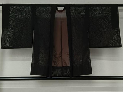 平和屋着物▽羽織　スリーシーズン　春夏秋　塵除け　草葉文　黒地　正絹　逸品　AABJ6095jh