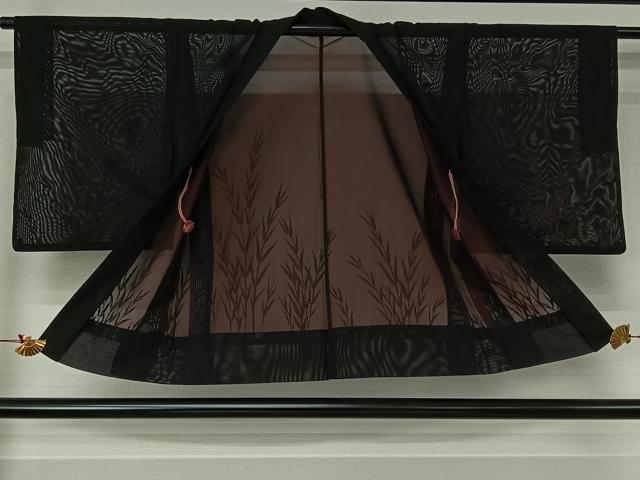 平和屋着物▽羽織　スリーシーズン　春夏秋　塵除け　草葉文　黒地　正絹　逸品　AABJ6095jh