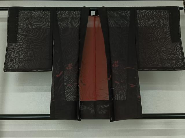平和屋着物▽羽織　スリーシーズン　春夏秋　塵除け　草花文　黒地　正絹　逸品　未使用　AABJ6099jh
