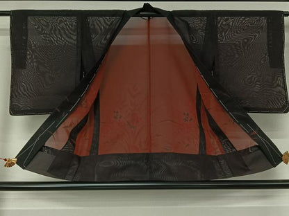 平和屋着物▽羽織　スリーシーズン　春夏秋　塵除け　草花文　黒地　正絹　逸品　未使用　AABJ6099jh