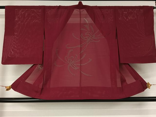 平和屋着物▽羽織　スリーシーズン　春夏秋　塵除け　乱菊　中紅色　正絹　逸品　未使用　AABJ6100jh