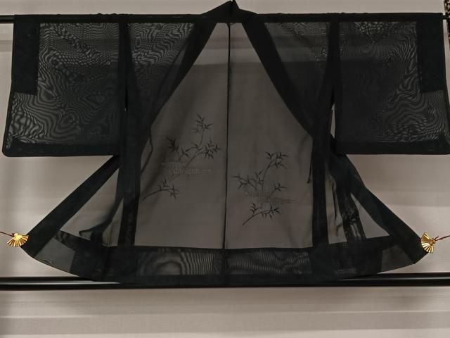 平和屋着物▽羽織　スリーシーズン　春夏秋　塵除け　草葉文　黒地　正絹　逸品　AABJ6101jh