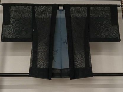 平和屋着物▽羽織　スリーシーズン　春夏秋　塵除け　草葉文　黒地　正絹　逸品　AABJ6101jh