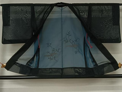 平和屋着物▽羽織　スリーシーズン　春夏秋　塵除け　草葉文　黒地　正絹　逸品　AABJ6101jh