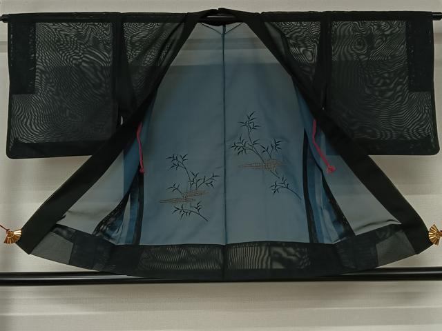 平和屋着物▽羽織　スリーシーズン　春夏秋　塵除け　草葉文　黒地　正絹　逸品　AABJ6101jh