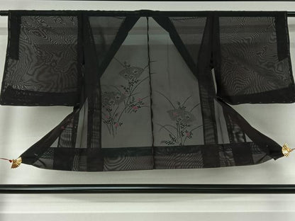 平和屋着物▽羽織　スリーシーズン　春夏秋　塵除け　総刺繍　地紙花文　黒地　正絹　逸品　AABJ6104jh