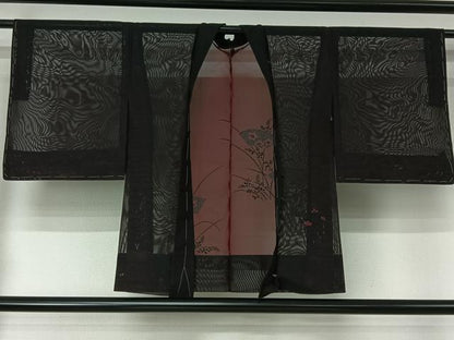 平和屋着物▽羽織　スリーシーズン　春夏秋　塵除け　総刺繍　地紙花文　黒地　正絹　逸品　AABJ6104jh