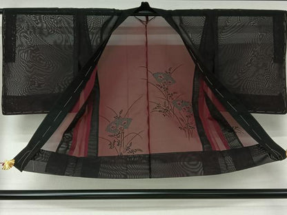 平和屋着物▽羽織　スリーシーズン　春夏秋　塵除け　総刺繍　地紙花文　黒地　正絹　逸品　AABJ6104jh